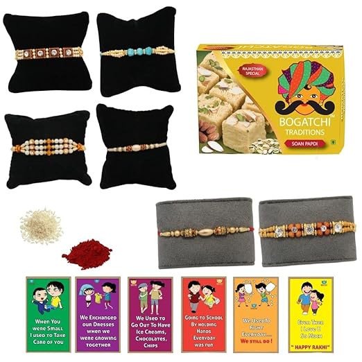 BOGATCHI Rakhi with Sweets, Rakhi for brother with sweets, Rakhi with sweets for brother, Rakhi for brother with gift sweets -Besan Ladoo, 200g + Rakhi Set of 6 +Roli Chawal+ Rakhi Card |BLRKH-6-43