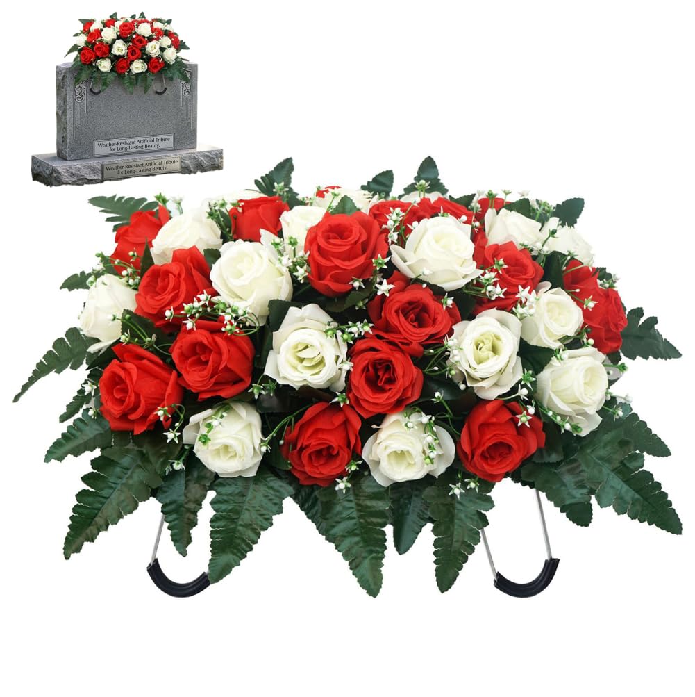 Faticenic Green Headstone Flower Saddle, Realistic Artificial Rose Wreath With Adjustable Metal Mount, Weather-Resistant Cemetery Flowers For Grave Decoration, Grave Saddles For Headstone, Flower Saddle