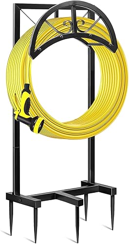 Soporte para manguera de jardín, soporte de manguera de agua mejorado para manguera de 150 pies, soporte de manguera resistente negro, estante de