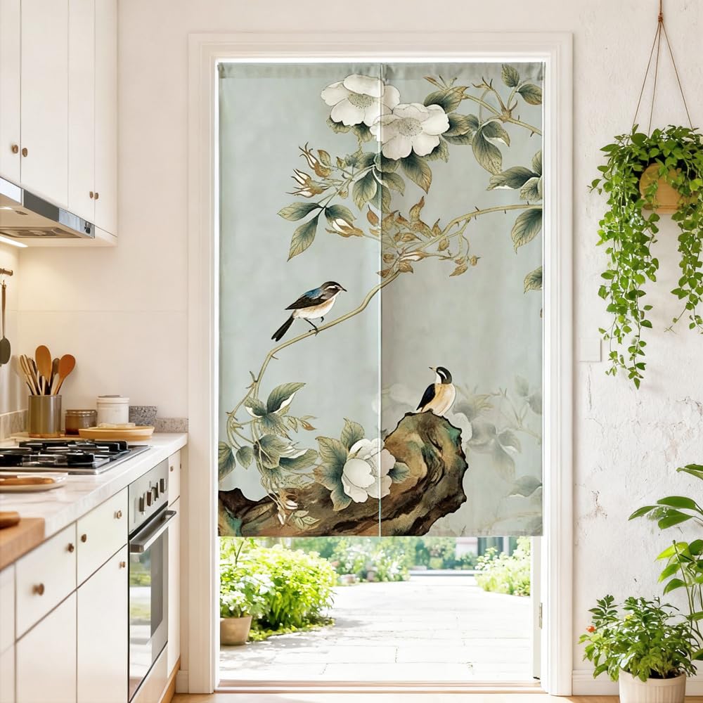 MYRU New Chinese Flowers and Birds Door Curtain Feng Shui Curtain Japanese Noren (Flower and Bird-B,33 by 59 Inch)