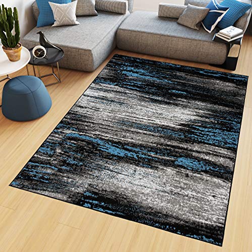 TAPISO Maya Teppich Kurzflor Modern Verwischt Meliert Streifen Design Schwarz Grau Blau Weiß...