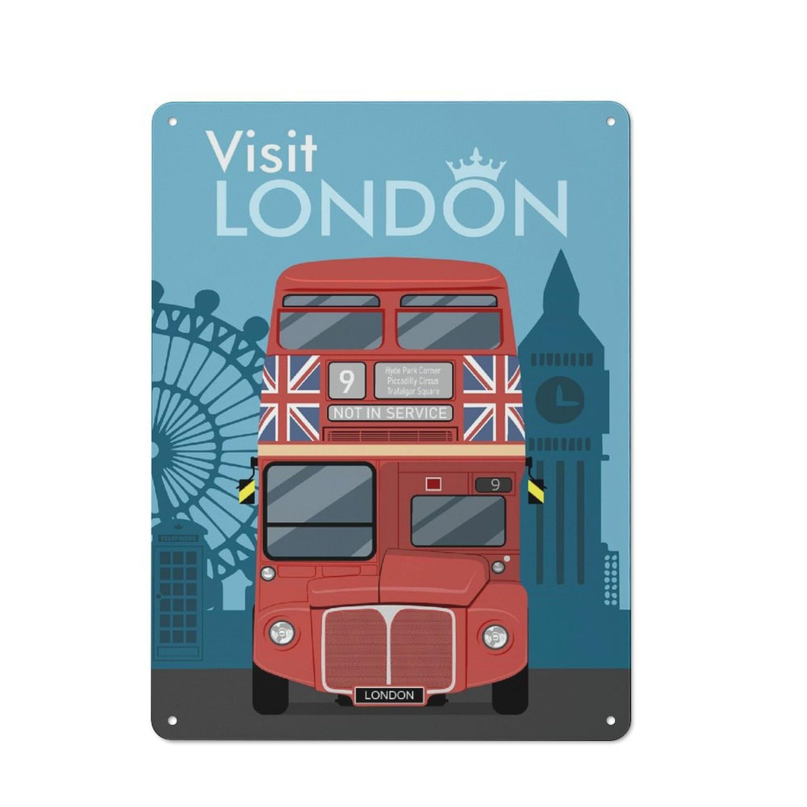 Junmoney Visit London With Bus Industrial Metal Wall Sign 40X30cm Featuring Urban Room Decor For Loft, Studio, Office Or Creative Room