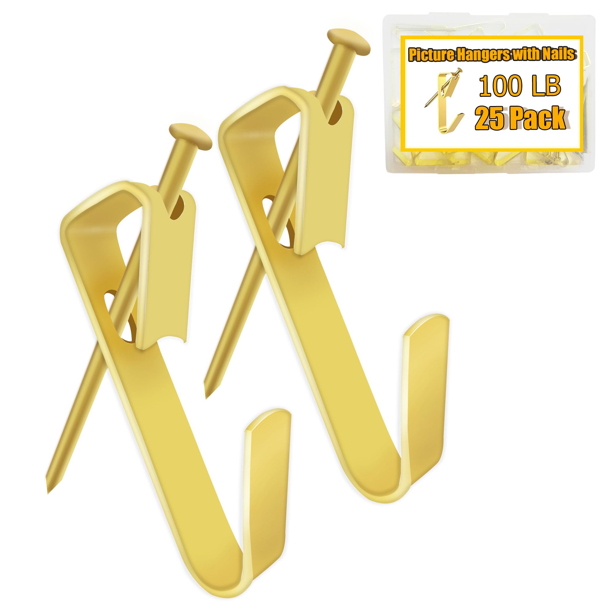 25PCS 100lbs Heavy Duty Picture Hangers with Nails,Picture Hanging Hooks,Heavy Picture Hanging Hardware Used in Wooden Wall & Drywall for Mirror, Photo Frame,Clock,House Decoration