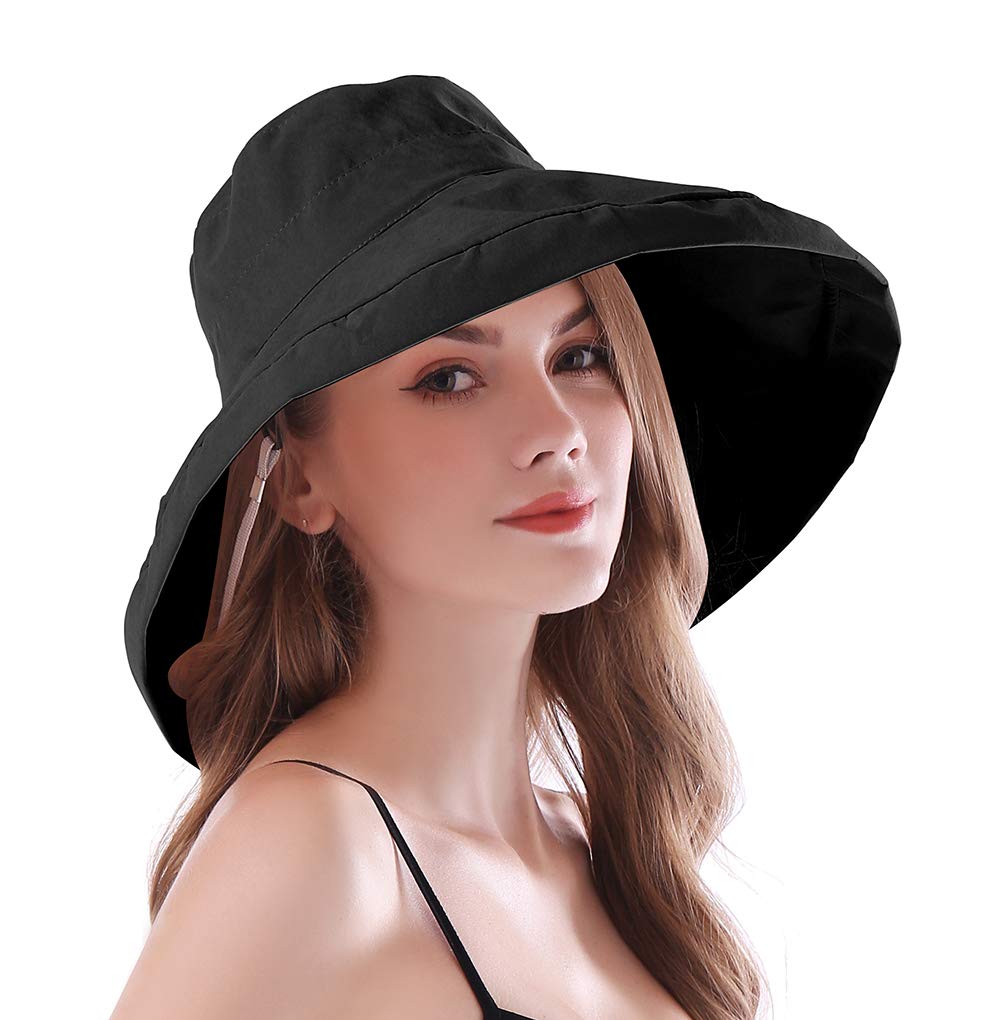 Aidier Women's Black Wide Brim Sun Hats With Straps Foldable Upf 50+ Sun Protective Bucket Hat Elegant Travel Summer Hat
