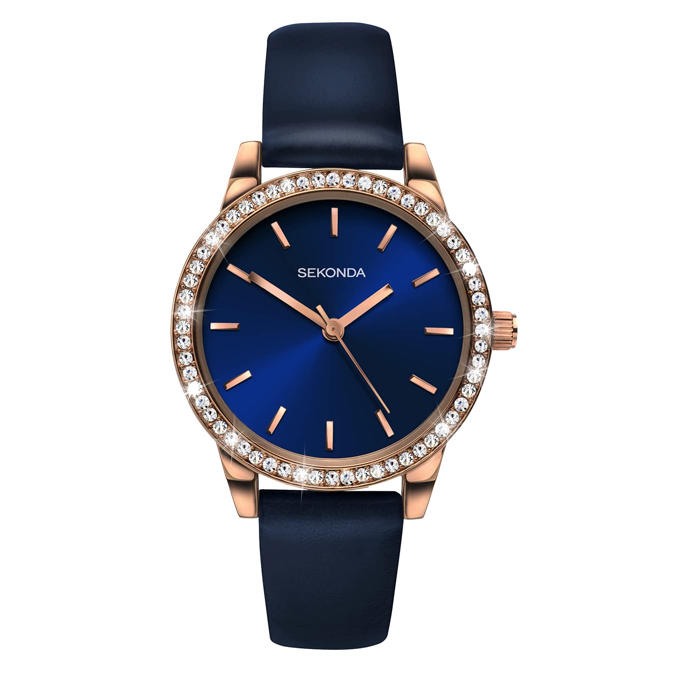 Hailey Womens 32mm Analogue 3 Hand Quartz Watch with Rose Gold Alloy Stone Set Case Mineral Glass Buckle and Pin and PU Strap