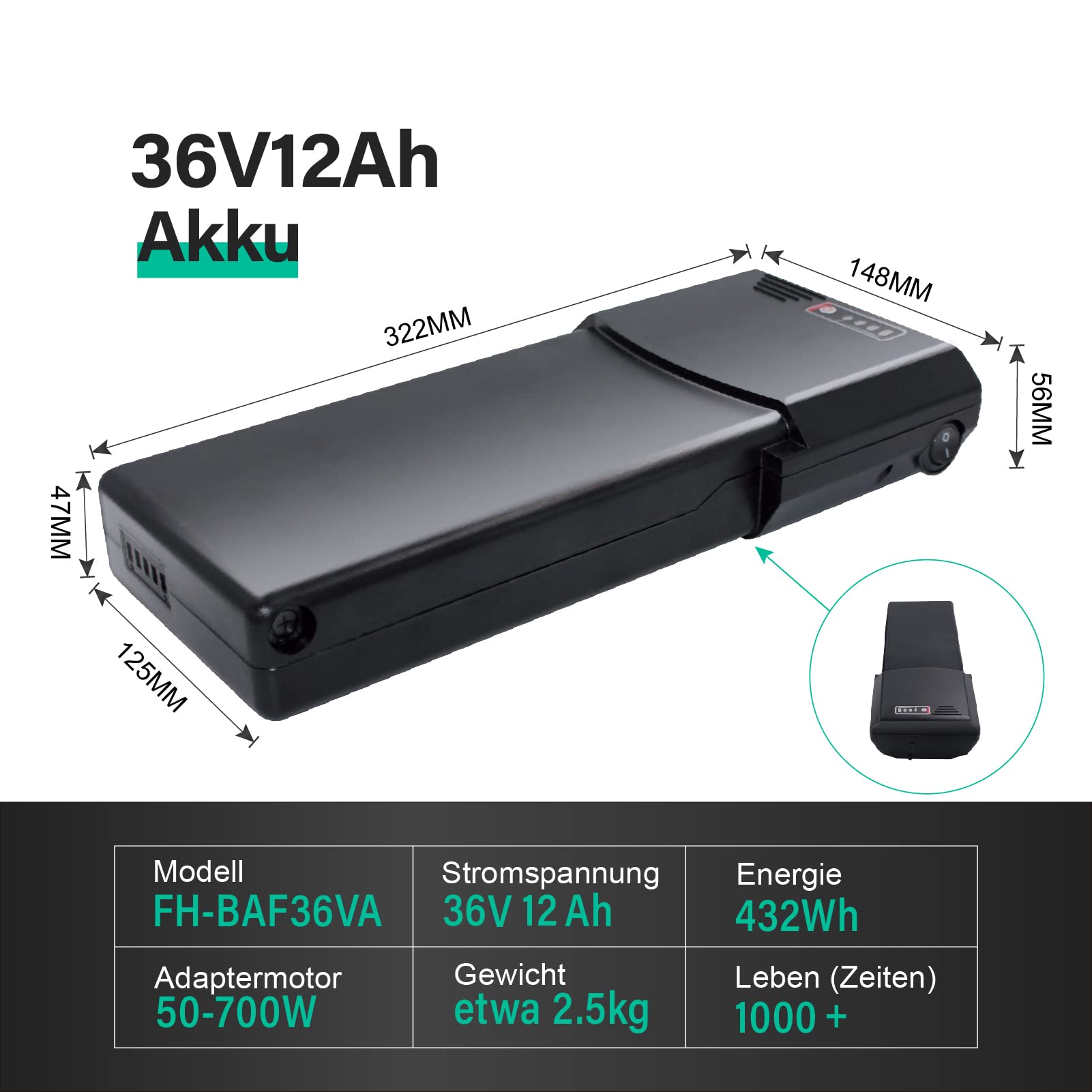 Con caricabatterie Batteria di ricambio per bicicletta elettrica da 36V12Ah batteria al litio adatta per sistema di trasmissione Bafang o Ansmann (36 V12 Ah)