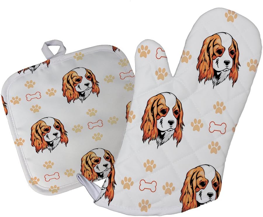 Style In Print Cavalier King Charles Spaniel Dog Bones Paws Kitchen Oven Mitt & Pot Holder Set