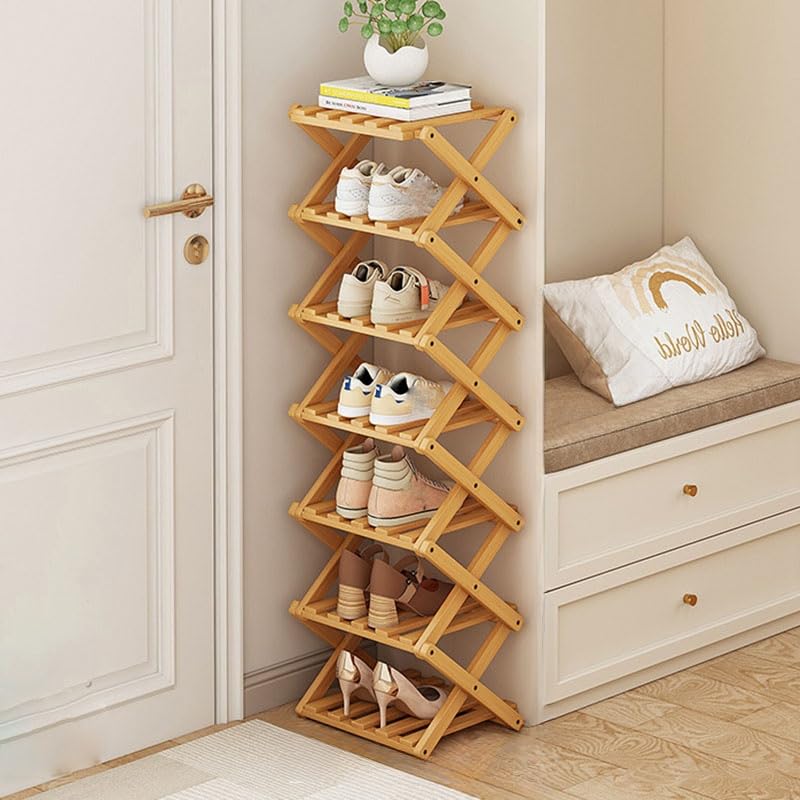 kiss me Bamboo Folding Shoe Rack,Vertical Narrow Shoe Rack,Small Shoe Racks,Without Installation,Shoe Racks Storage,Wooden Narrow Tall rack Indoor for Hallway, Entryway (Natural 7 Tier)