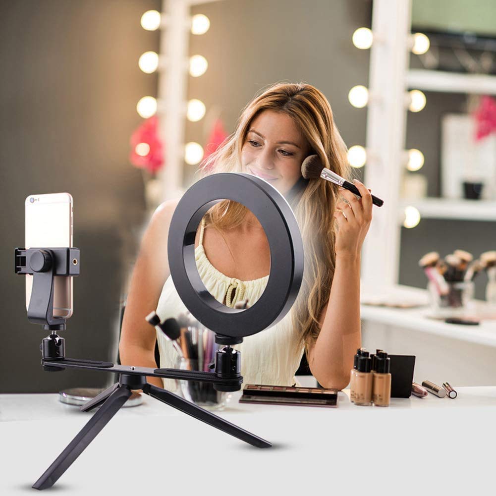 WLP Luce anulare con Staffa, Supporto per treppiede, Luce ad Anello per Il Trucco, Trasmissione di Video Fotografia in Diretta, Mini Luce Video a LED con Specchio
