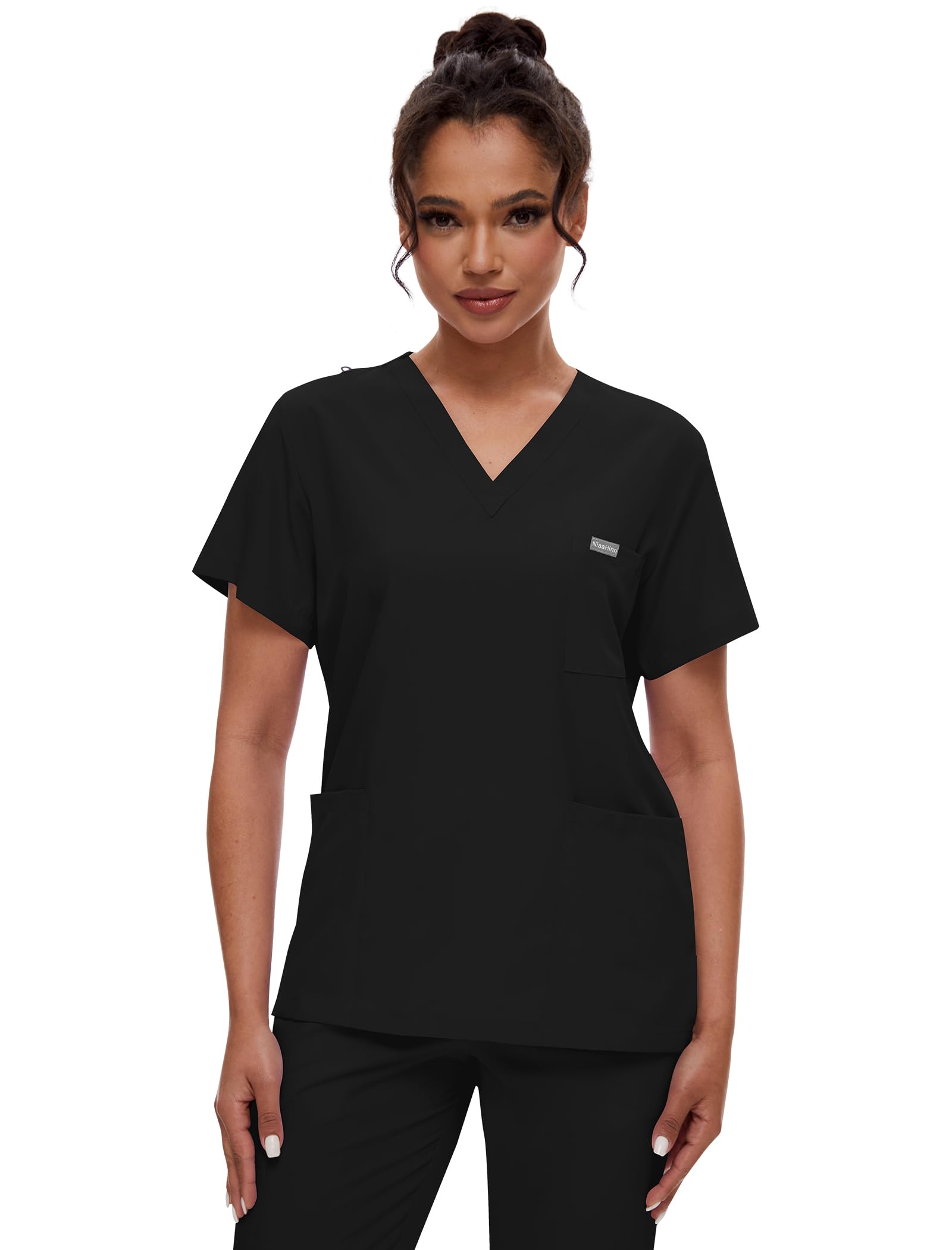 niaahinn Scrubs for Women Set - Classic V-neck Top & Yogga Waistband Jogger Pants with 8 Pockets Breathable Slim Fit Suit (Black,M)
