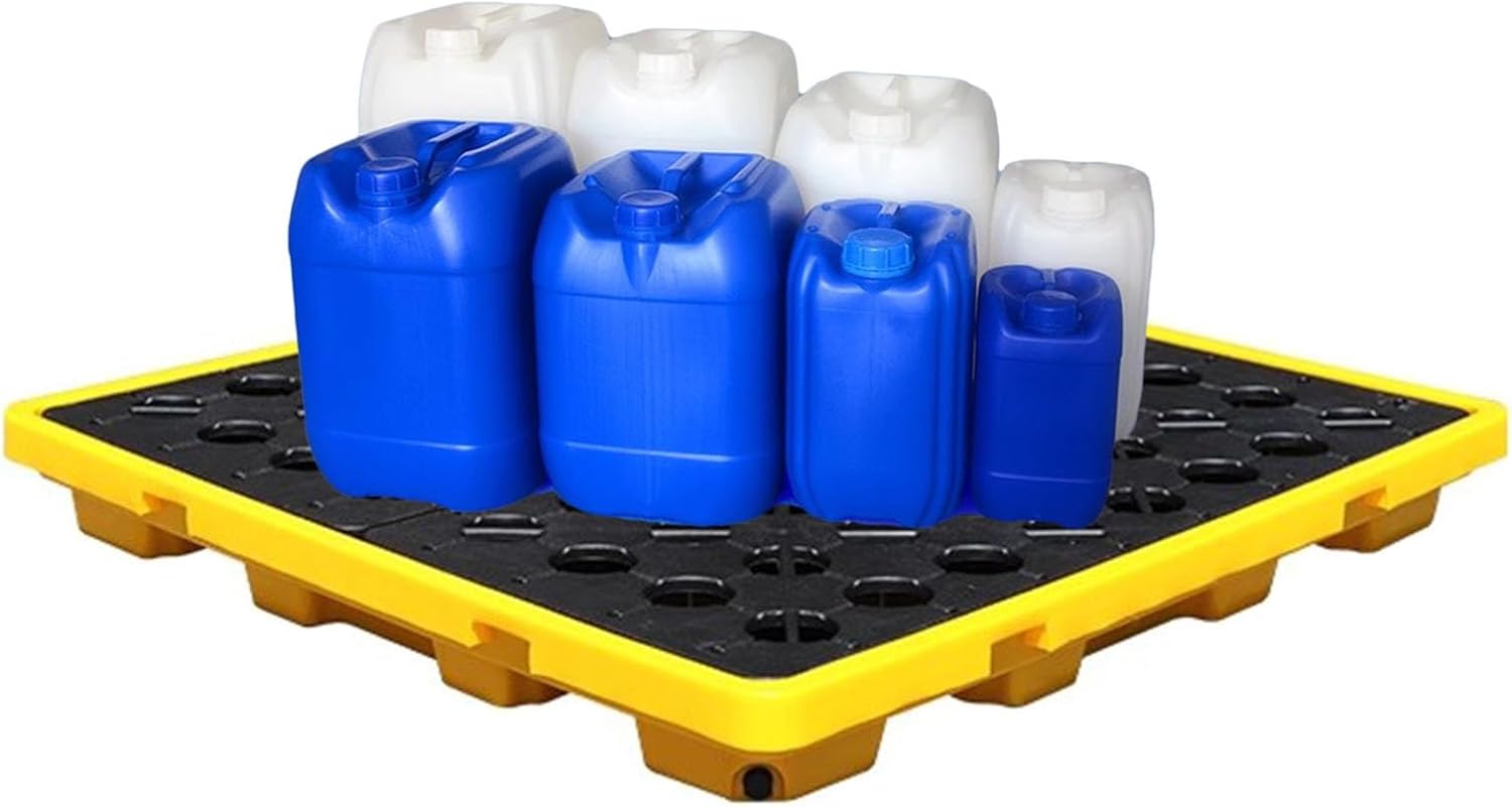 Modular Spill Containment Pallet with Drain - Leak-Proof Yellow & Black Polyethylene Platform, Stackable Spill Tray for Safe Liquid Storage, Load Capacity 66X36X12Cm,