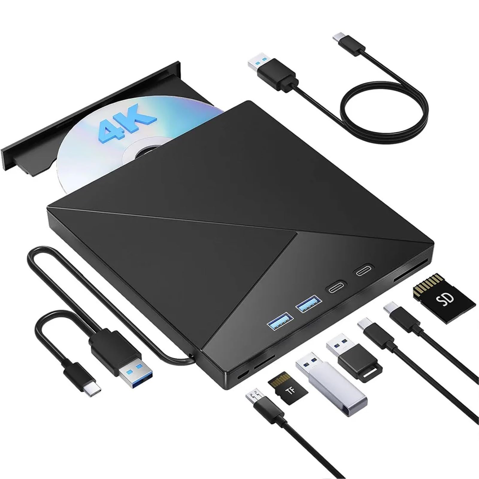 Lecteur Blu-Ray Externe 4K, Lecteur CD DVD +/-RW, graveur Portable, Optique avec Ports USB 3.0 Type-C, emplacements for Cartes SD et TF