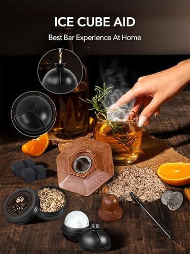 Miniatura 5 de Kit de ahumador de whisky de 23 piezas con antorcha, 12 chips de madera, molde de bola de hielo, kit de infusor de ahumador de cóctel, kit de