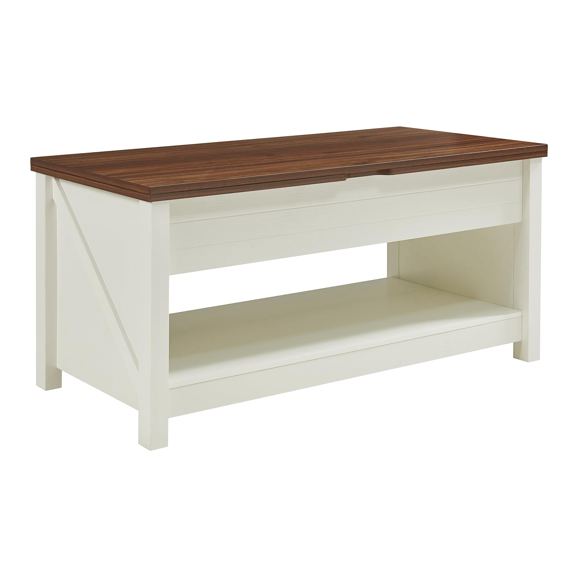 [en.casa] Table Basse de Salon avec Plateau Relevable Compartiment de Rangement Étagères Piètement Stable Panneau de Particules 110 x 55 x 54 cm Effet Noyer Blanc