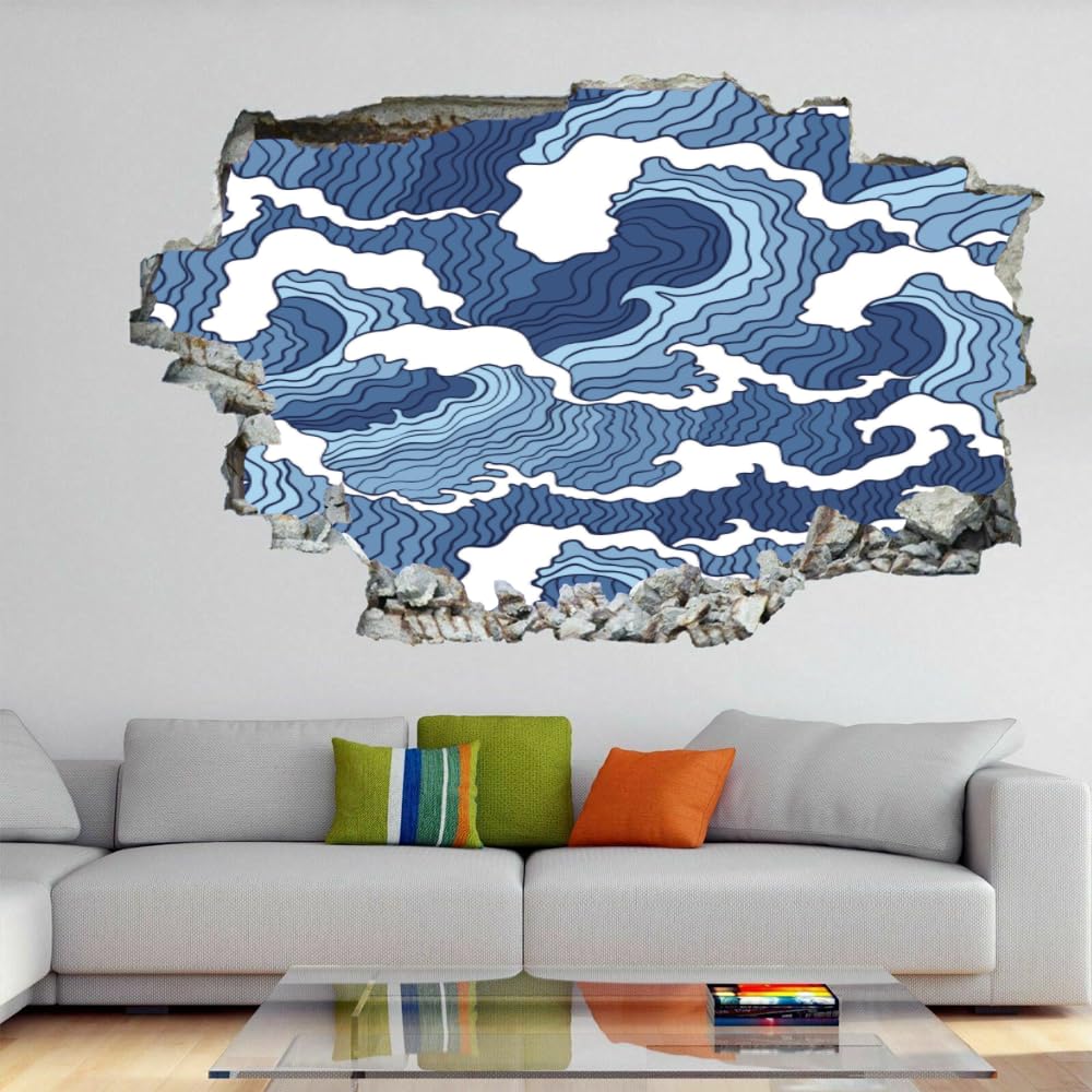 Adesivi murali 3D Murales fracassati Onde blu Decalcomanie da pavimento rimovibili Arte Arte astratta per camera da letto Soggiorno Porta del bagno Cucina Ufficio Nursery Decorazione murale