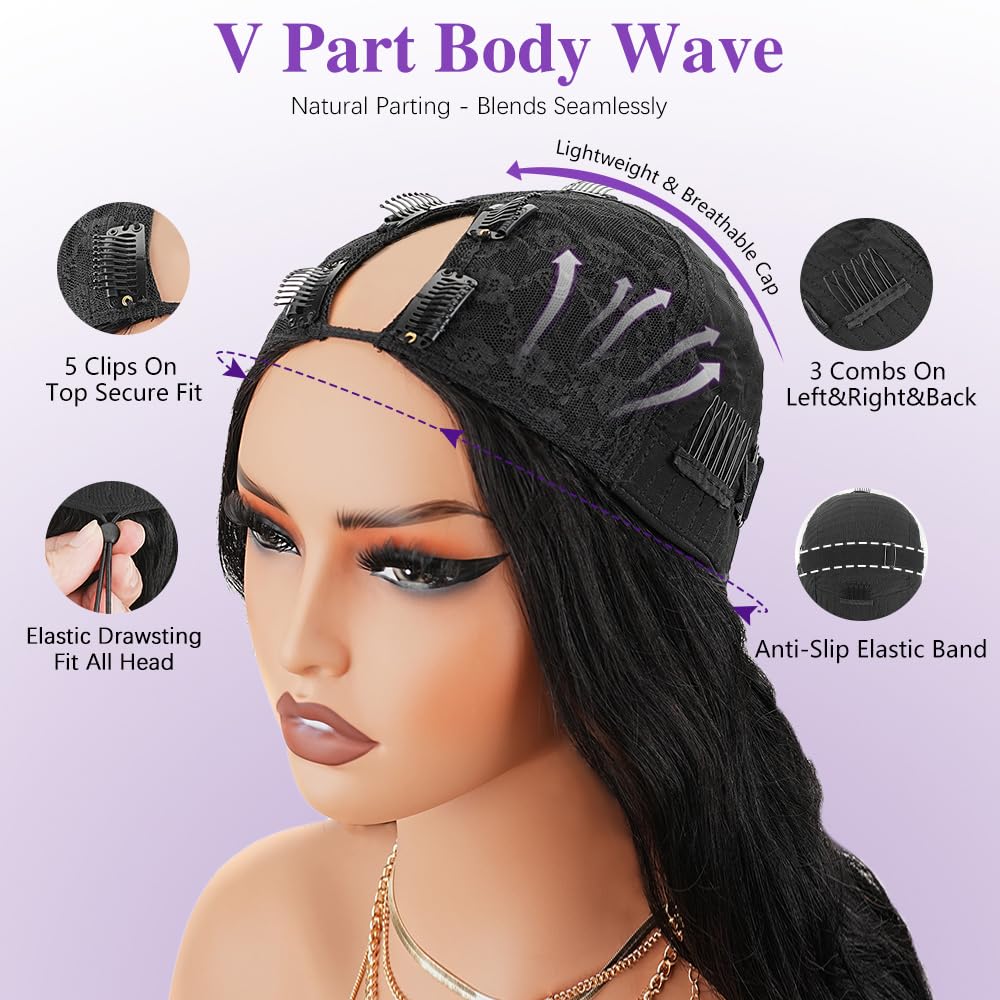 Body Wave V Part Wigs Human Hair 24 Inch Upgrade U Part Wigs With Drawstring 200% Density Glueless Vpart Human Hair Wigs For Women Beginner Friendly No Leave Out No Sew In Natural Black