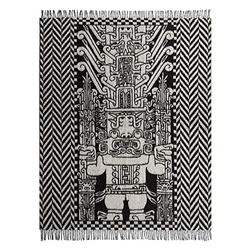 Peruvian Inca Culture Inspired Alpaca Wool Throw Blanket - Luxurious, Soft, and Stylish (Black/Fog Gray, Raimondi Stele)