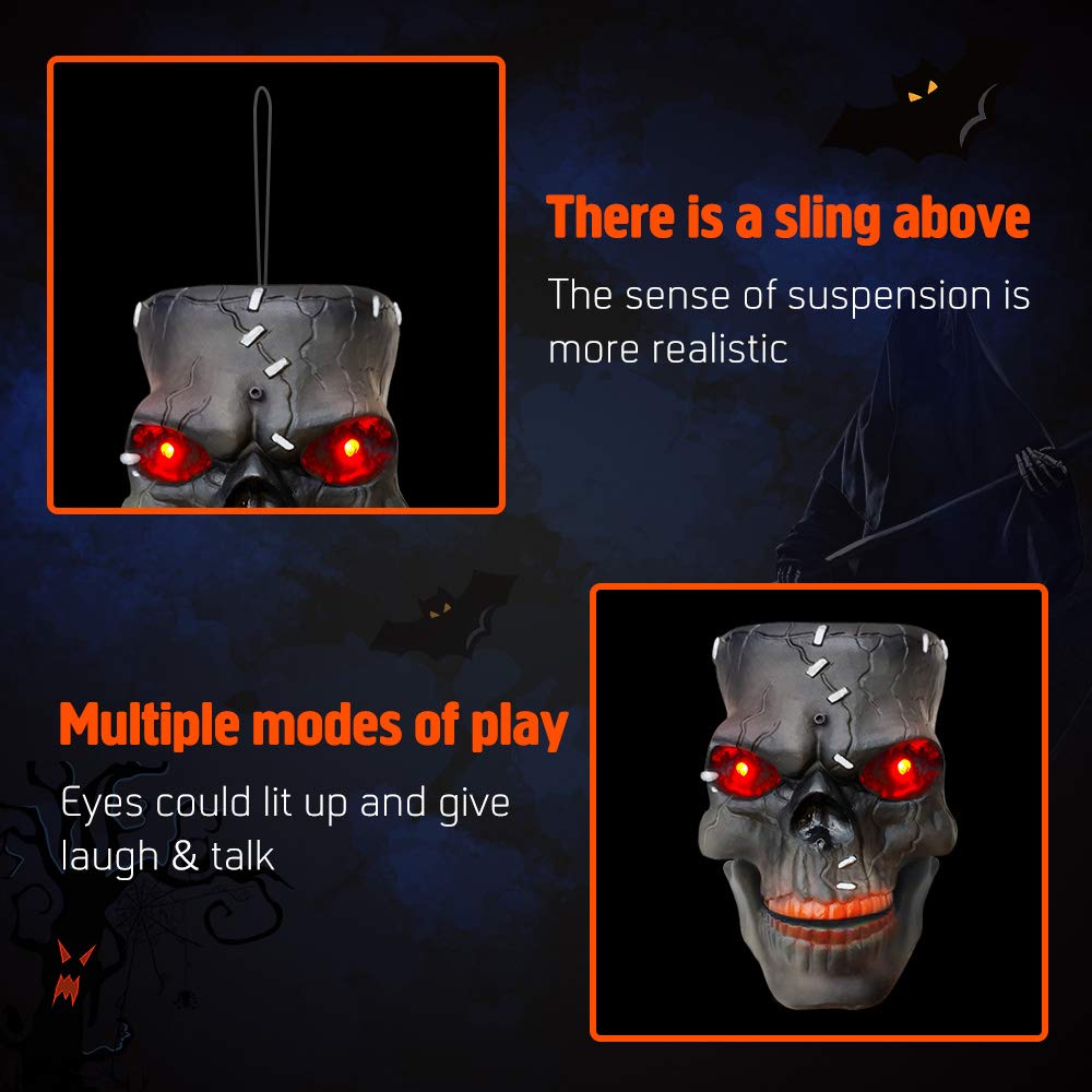 VATOS Halloween Decoration Hanging Skull Head with LED Flashing Eyes &  Scary Laughter & Biting Mouth Acoustic Sensor Voice Control Zombie Head|  Best Festival Outdoor Indoor Yd Pub Party Decor Favor :