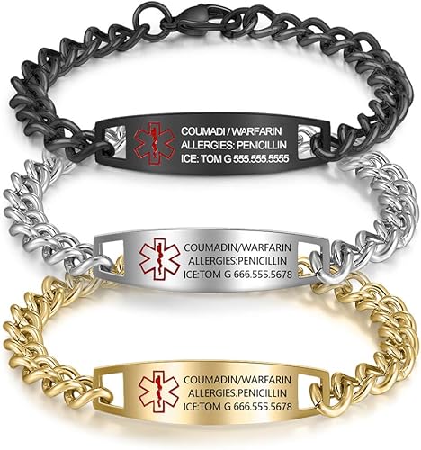 Miniatura 6 de Nameinhea Pulseras de alerta médica personalizadas para mujeres y hombres, grabadas gratis, ajustables, de acero inoxidable, impermeables