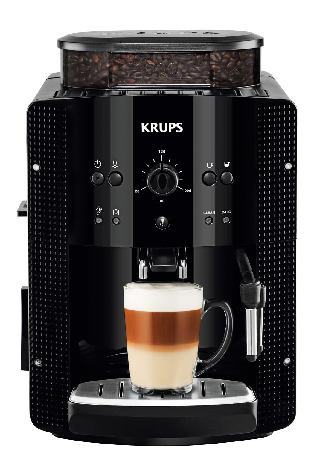 Krups Roma, Cafetera superautomática, Depósito de agua 1,7 L, 3 niveles de temperatura, 3 niveles de intensidad, 15 bares, Molinillo cónico de metal, Panel de control fácil, Negra, EA810870