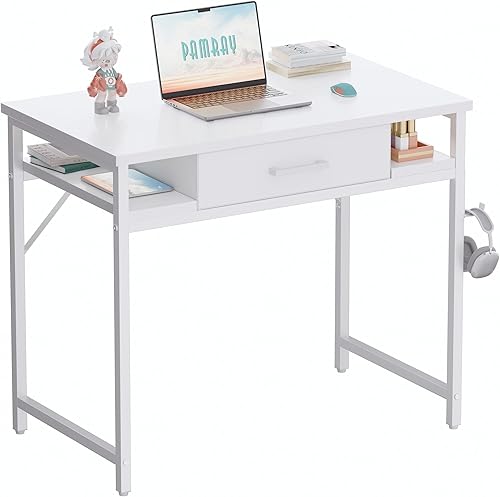 Pamray Escritorio pequeño para computadora de 32 pulgadas con cajón y estantes, mesa de trabajo de estudio simple para dormitorio, color blanco