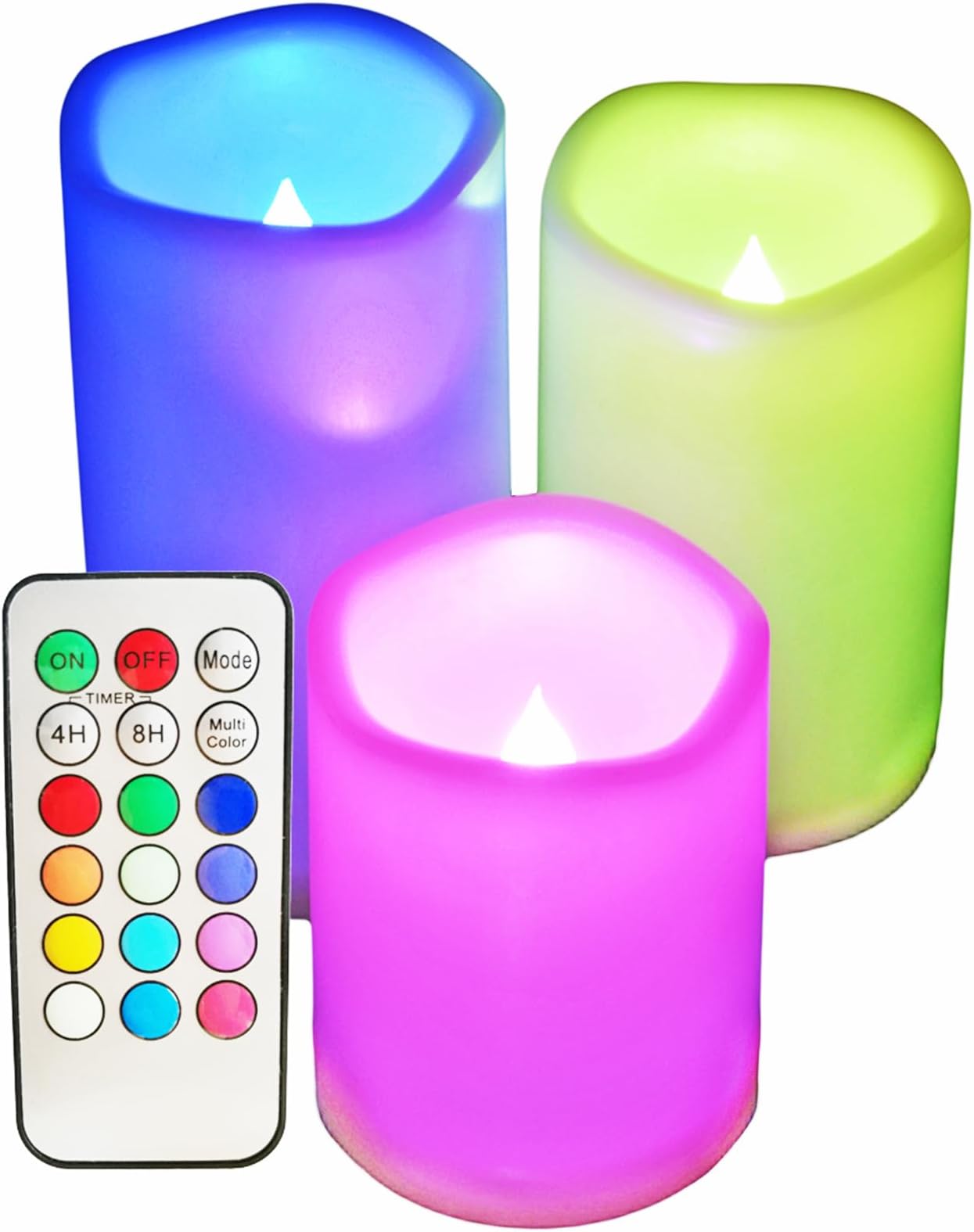 SWEETIME3 Color Changing Led Pillar Candles with Controller and Timer - 3x4 3x5 3x6 Multi Colored Flickering Outdoor Waterproof Flameless Candles Battery Operated,Weatherproof Candles.