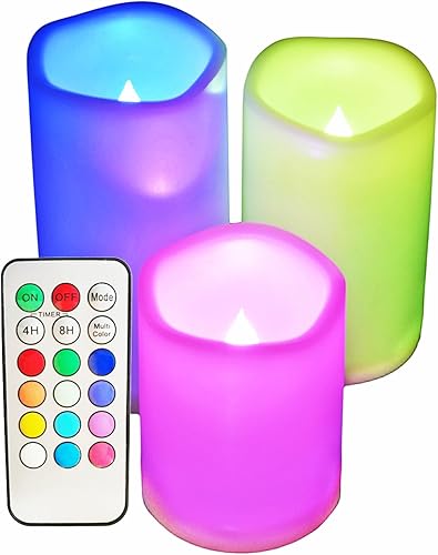 SWEETIME Velas LED de 3 colores cambiantes con controlador y temporizador, 3 x 4, 3 x 5, 3 x 6, multicolor, parpadeantes, impermeables, sin llama,