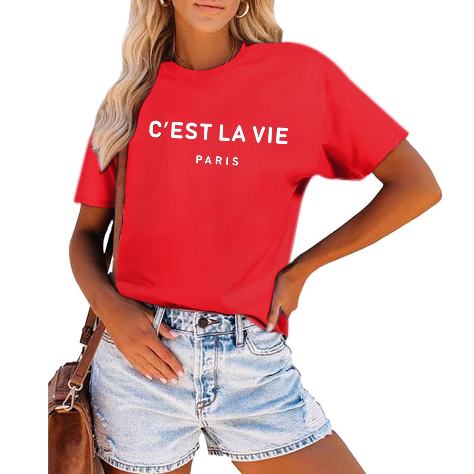 Tuislay C'est La Vie T-Shirt Graphic Tees for Women Paris Shirts Oversized Baggy Trendy Summer Short Sleeve Loose Fit Top