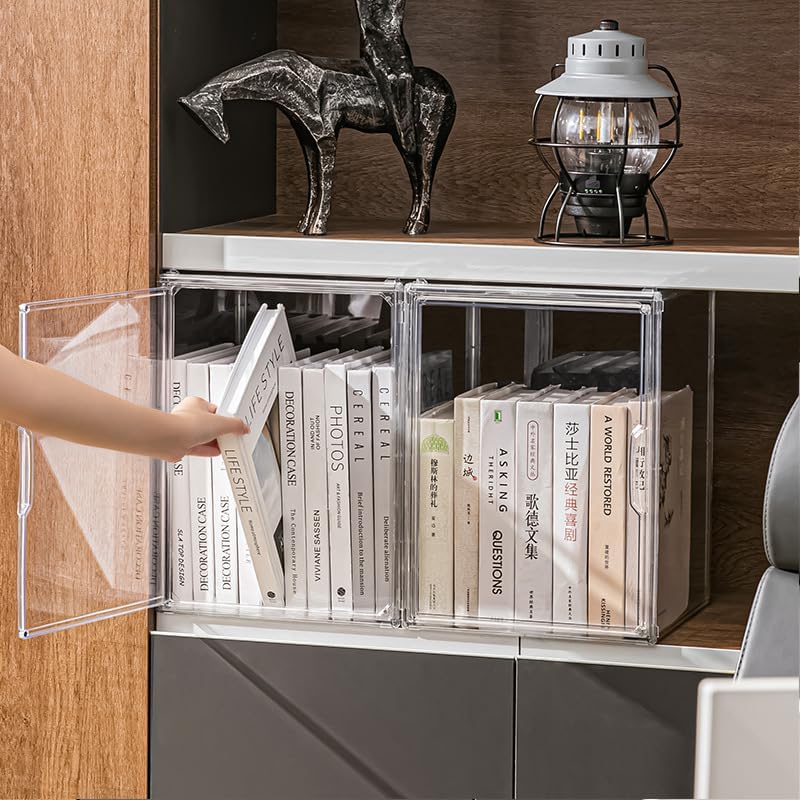 Miniatura 5 de BOHOIDEE Paquete de 2 organizadores transparentes de almacenamiento de libros para estantería, vitrina apilable de plástico con puerta magnética,