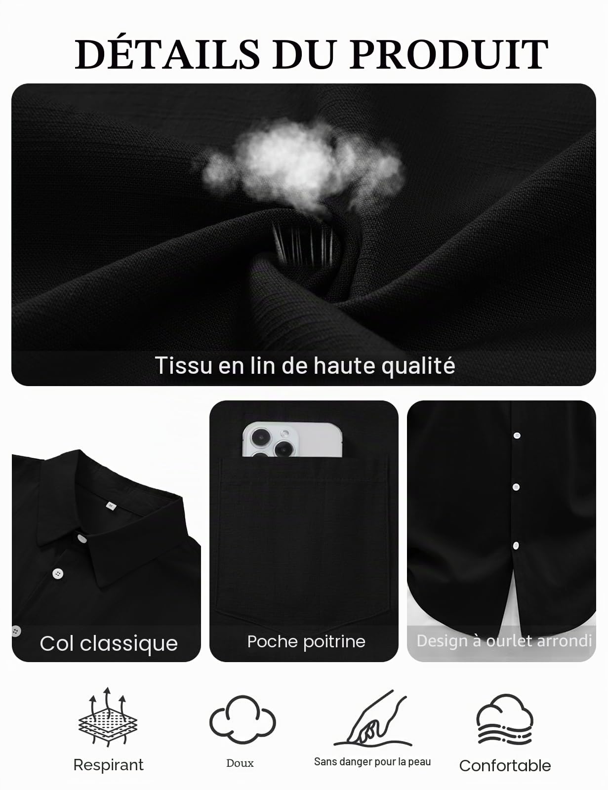 Lonya Chemise Lin Homme Manches Courtes Casual Été Chemisette Leger Plage Boutonnée Coupe Régulière Classique Solid Décontracté Tee Shirt
