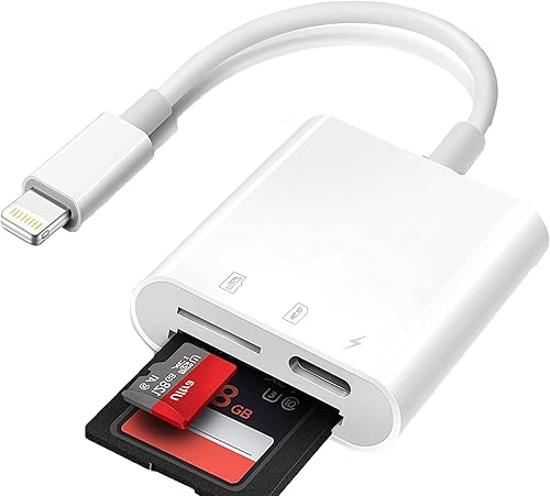 Certificado MFi de Apple Lector de tarjetas Lightning a SD para iPhone, adaptador de ranura para tarjeta dual 2 en 1, lector de tarjetas SD de