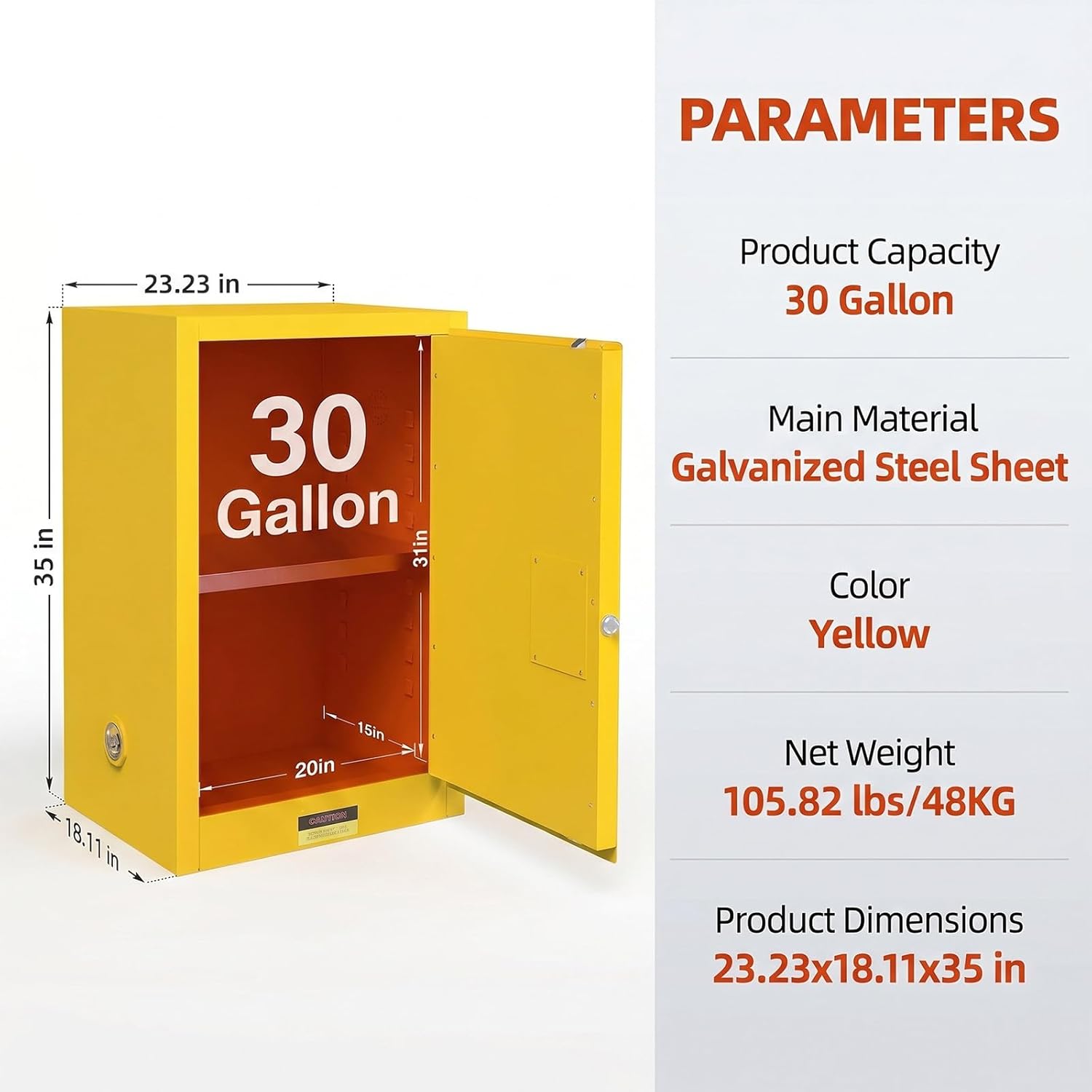 Hazardous Storage Cabinet, 30 Gallon, 35" x 23.23" x 18.11" Double-Wall Welded Flammable Storage Cabinet with 3-Point Key Lock, Vent Openings, Adjustable Shelf, Industrial Safety Cabinet (Yellow)