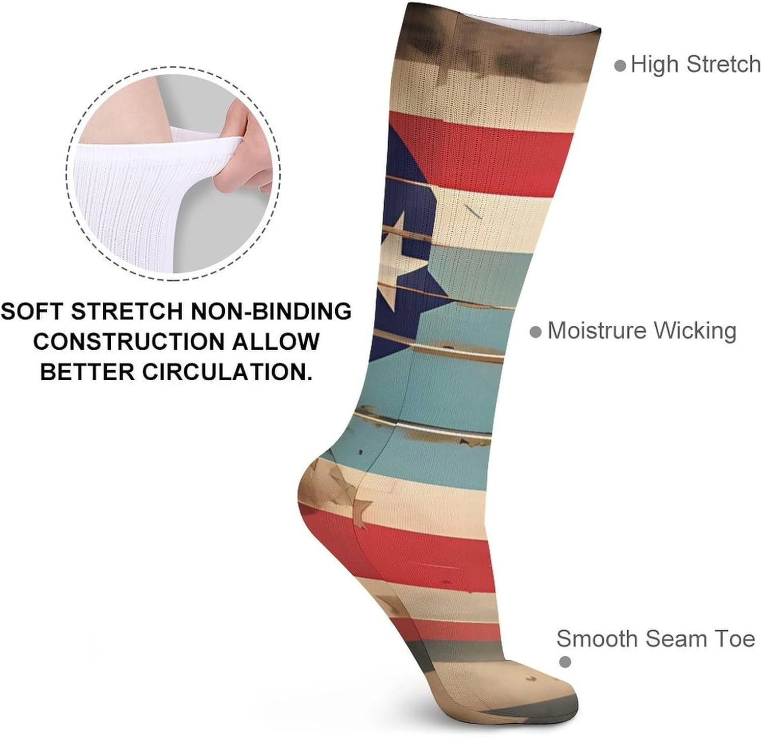 5 Pairs Knee High Socks Puerto Rico Flag Long Tube Boot Seamless Toe