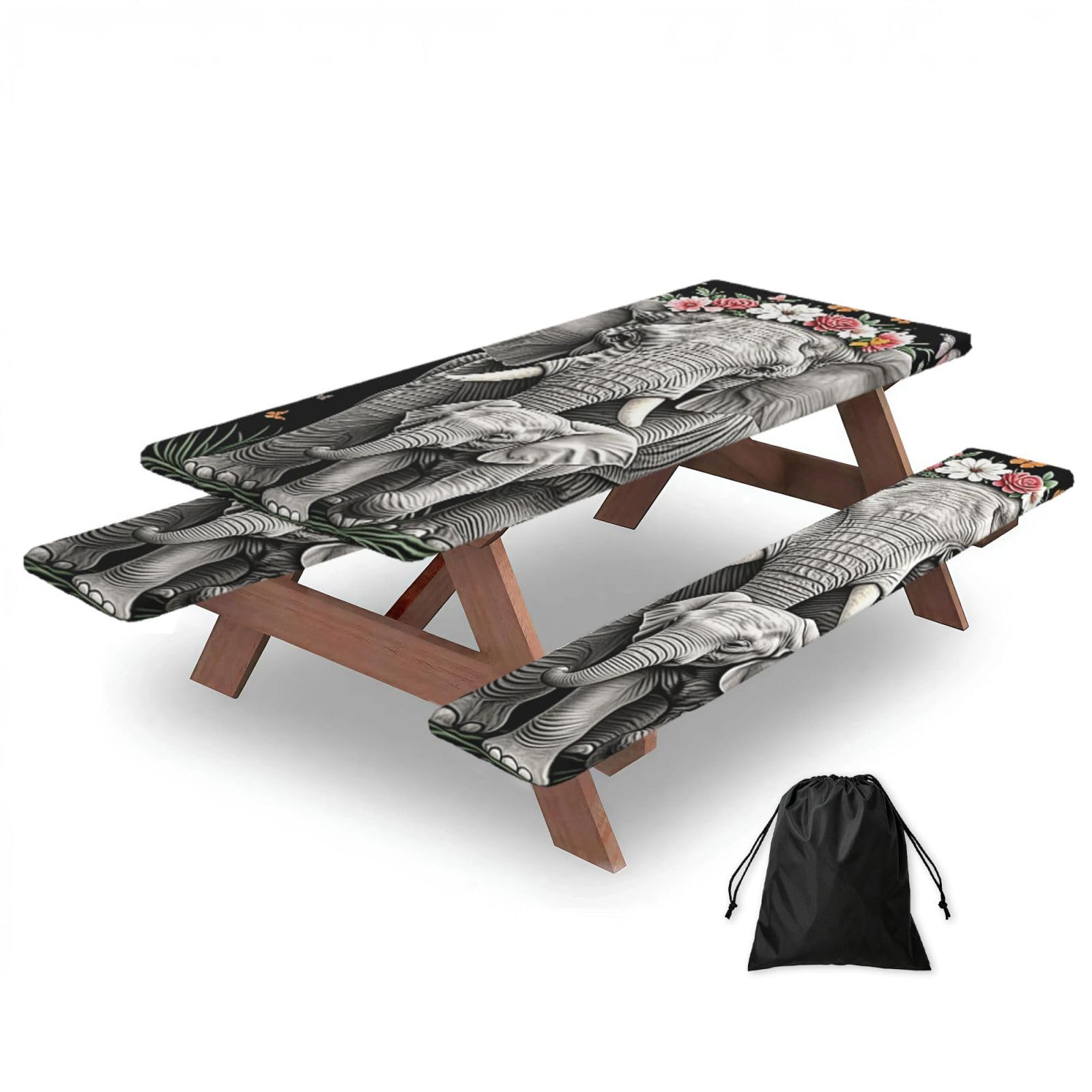 FekiLoot Cute Elephant Picnic Table Cover with Bench Covers and Bag, Windproof Waterproof Rectangle Tablecloth with Elastic Edges Fitted Camping Table Covers Portable Camping Accessories
