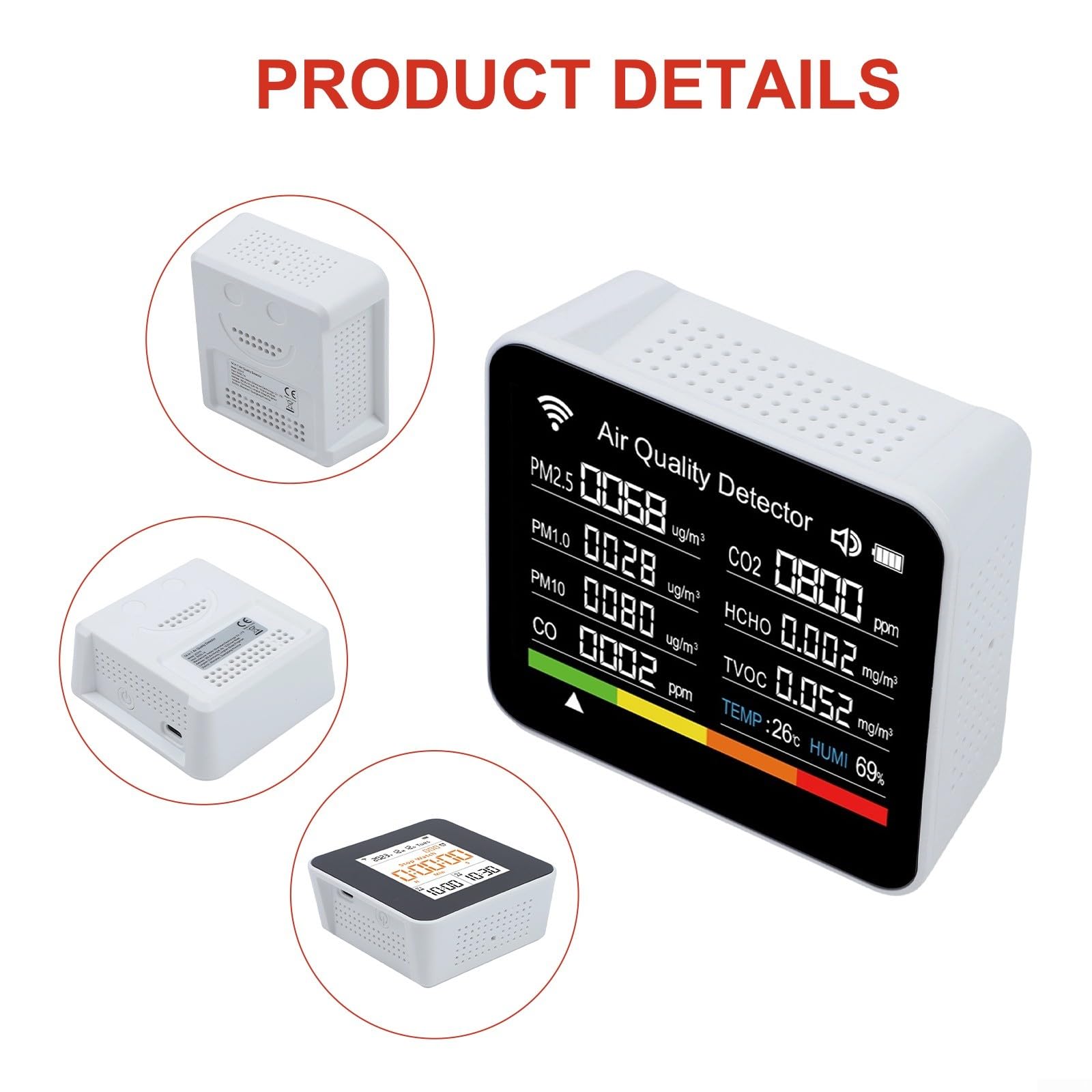 KiraKira Monitor jakości powietrza 15 w 1, czujnik HCHO TVOC PM2,5 z wyświetlaczem 7,1 cm, miernik wilgotności powietrza, WiFi do sterowania aplikacją Tuya, środowisko domowe i biurowe (biały)