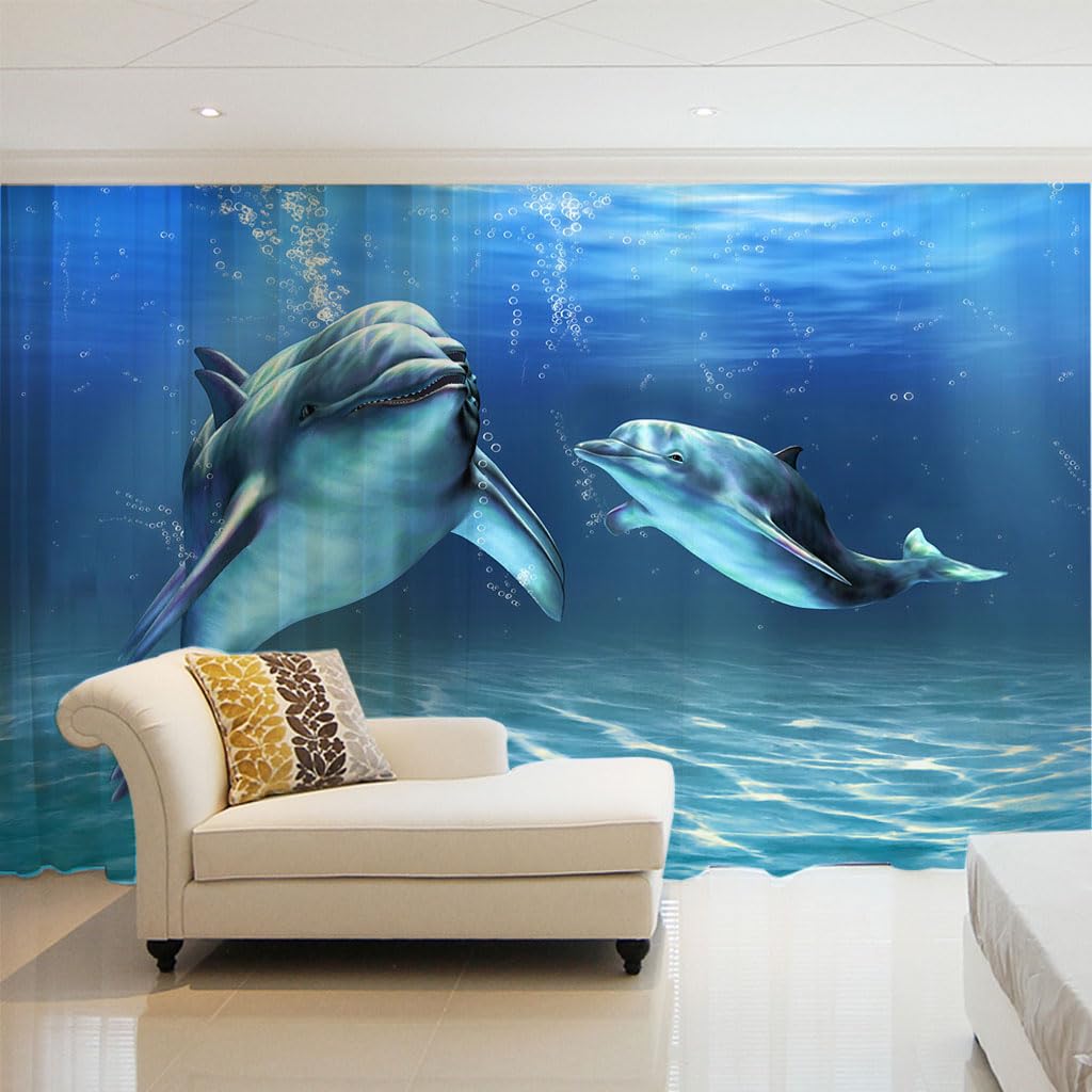 Voilage bleu dauphin à œillets lot de 2 rideaux semi transparents 132x175cm