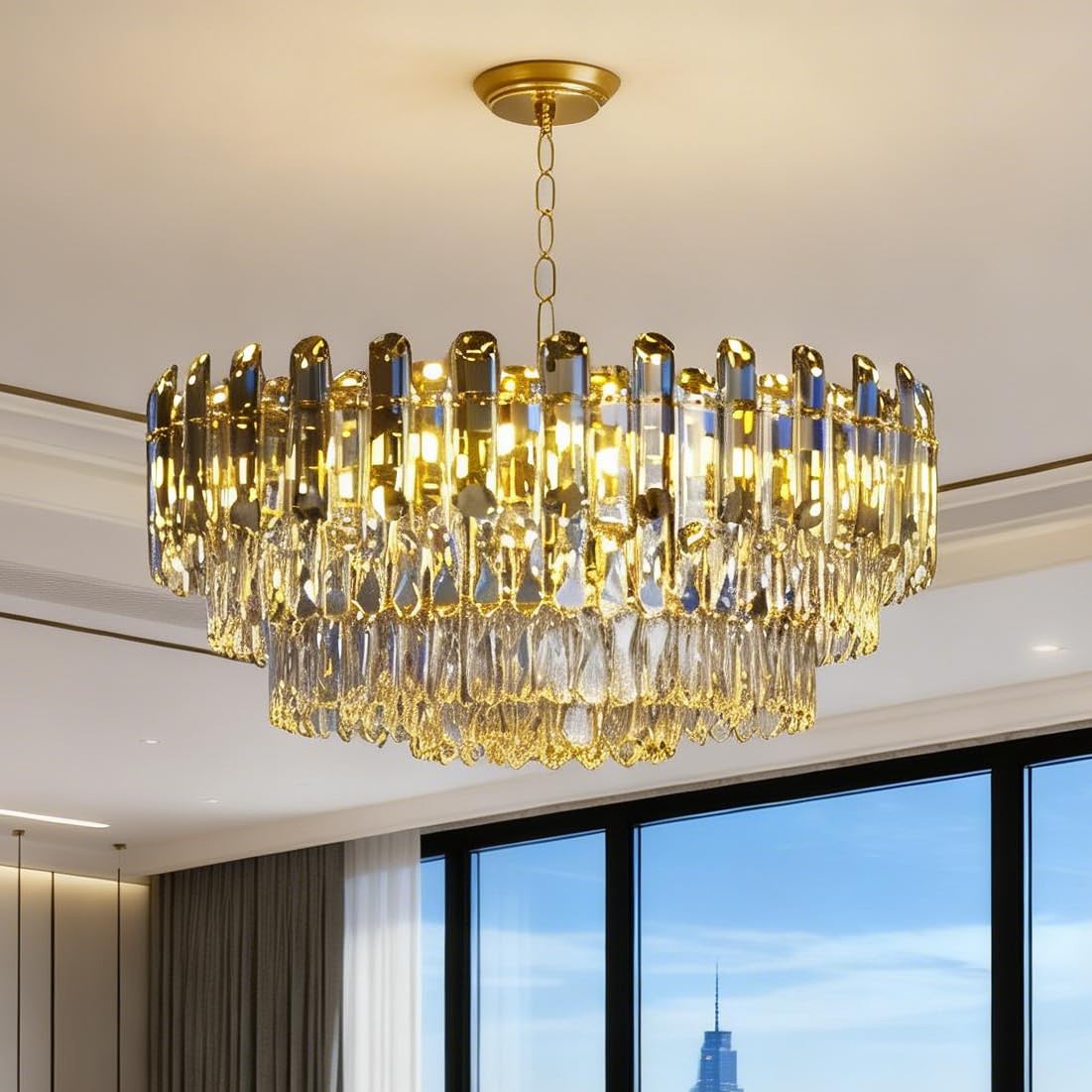Lampadario in cristallo dorato moderno : illuminazione da soffitto rotonda in metallo e cristallo, plafoniera sospesa per sala da pranzo, camera da letto, 10xE14, 60×148cm