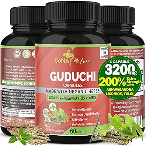Cona Nature Organic Giloy Guduchi Extract Capsules & Ashwagandha, Licorice, Holy Basil | Immune Booster, Liver Detox Cleanse Support Cover