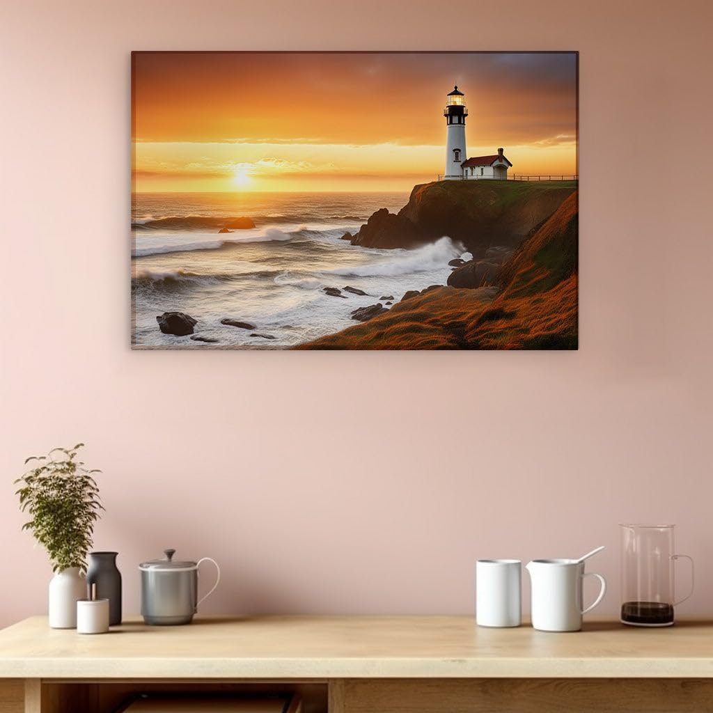 Canvas for Living room. Lighthouse Vigil on the Cliff's Edge: A Serene Beacon Amidst Sunset Tides, 27 x 18 inch Canvas Wall Art - Surrealistic Visions - Modern Home Decor