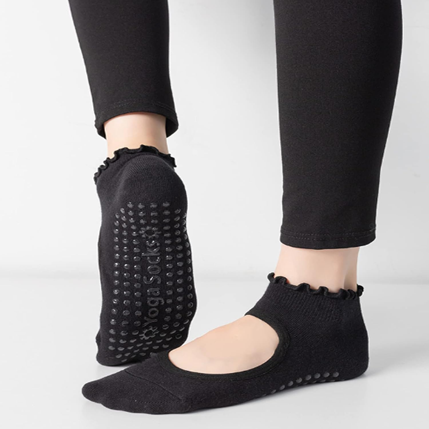 2 Pairs Frilly Yoga Socks Non Slip with Grip Yoga Pilates Ballet Barre Socks for Women