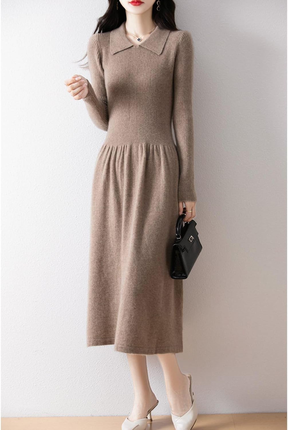 100% Merino Wool Sweater Dress Women's Long Sleeve Knitted Flip Collar Fall Winter Long Tops