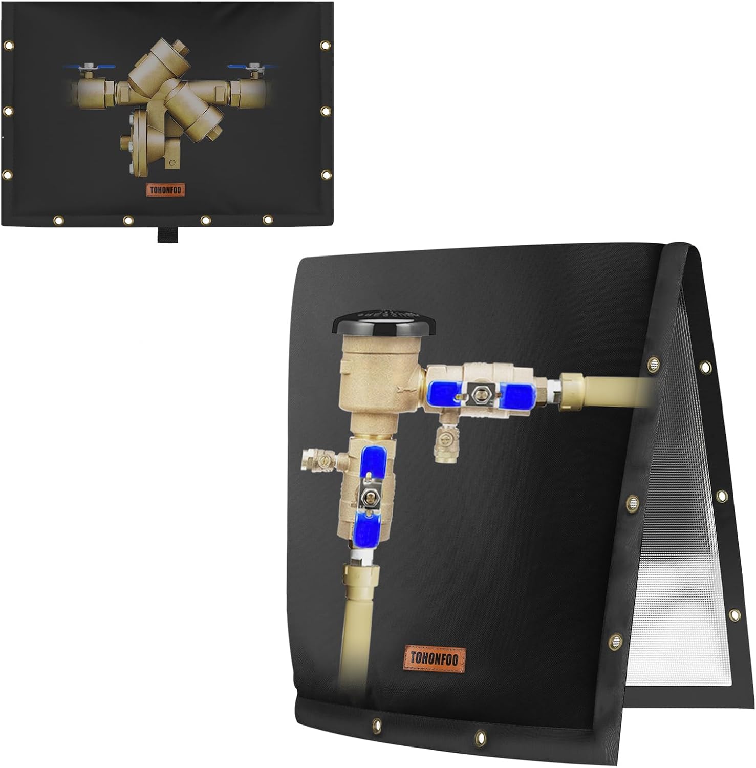 Backflow Preventer Cover Insulated Pouch (5°F) - Pressure Reducing Value Cover + 2-Way Opening Backflow Preventer Pipe Insulation Cover (5°F) - Irrigation Sprinkler Valve Cover 16" W x 20" H Black