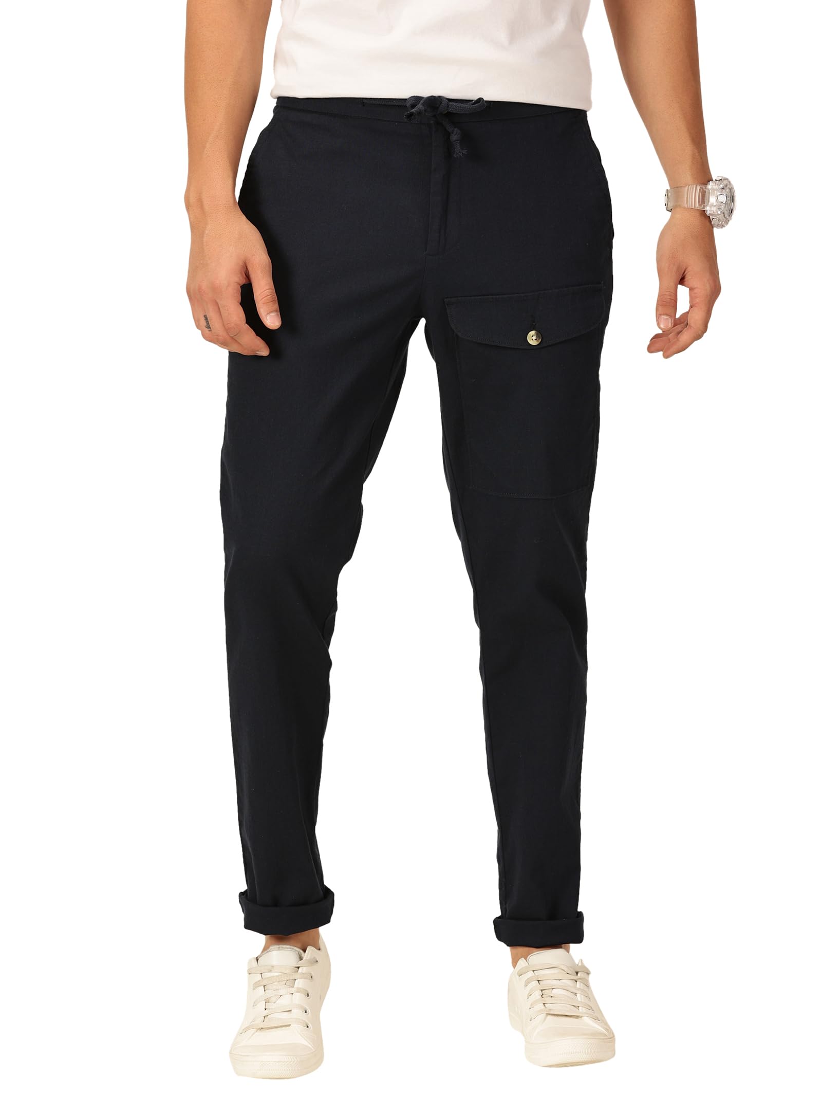 thomas scott Men's | Solid | Light Weight | Breathable Fabric | 5 Pocket | Mid Rise | Slim Fit | Linen | Button with Drawstring | Chino Trouser | Pants-picture-32