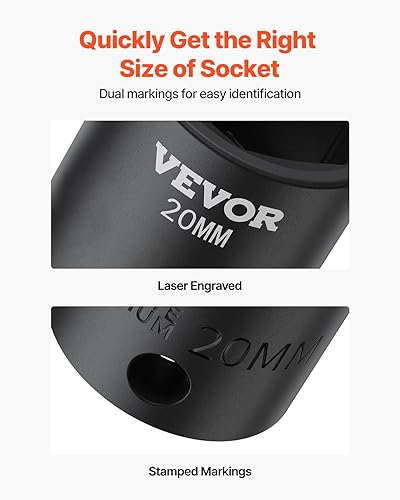 Vista 84 de VEVOR Juego de llaves de impacto, 19 piezas x 1/2 pulgadas métricas de 3/8-1-1/2 pulgadas, 6 puntos de zócalo profundo de 6 puntos, construcción