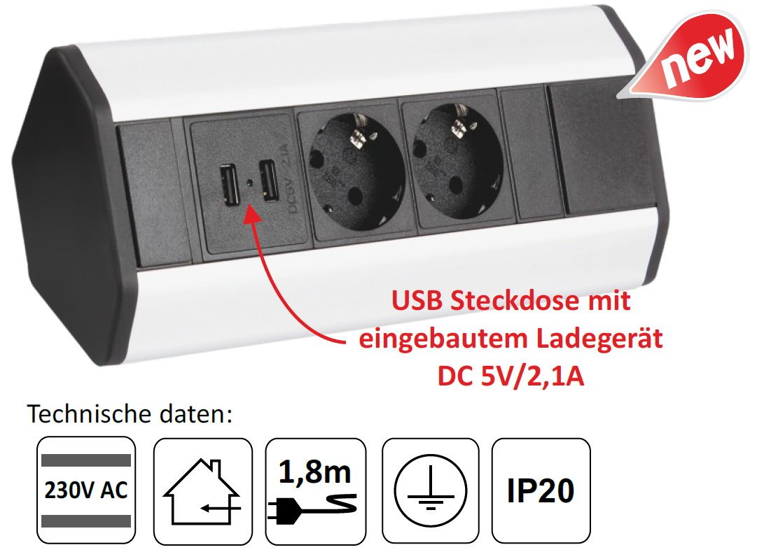 Ciabatta elettrica in alluminio a 2 prese + USB