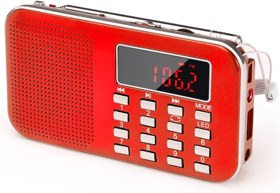 PRUNUS Mini Portable Radio AM FM Pocket Radio with MP3, LED Flashlight, Digital Radios Speaker Support Micro SD/TF Card/USB, Auto Scan Save, 1200mAh Rechargeable Battery Operated[Latest Version]