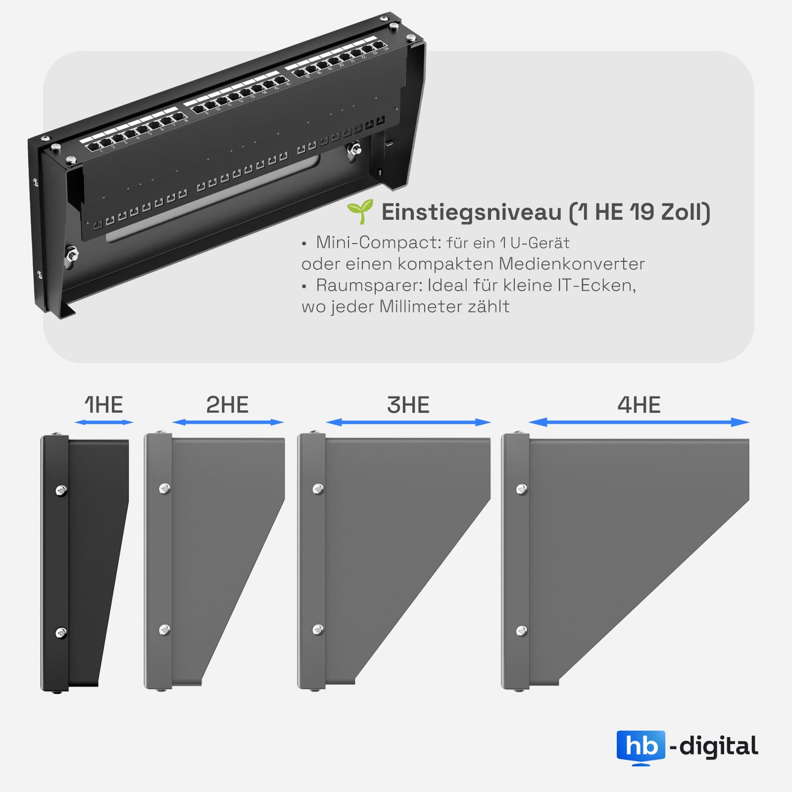 hb-digital Support de rack vertical 19" 1U - Montage mural et sous table - 1 U - Support réseau robuste pour commutateur de serveur et panneau de brassage - Stabilité maximale - Peu encombrant