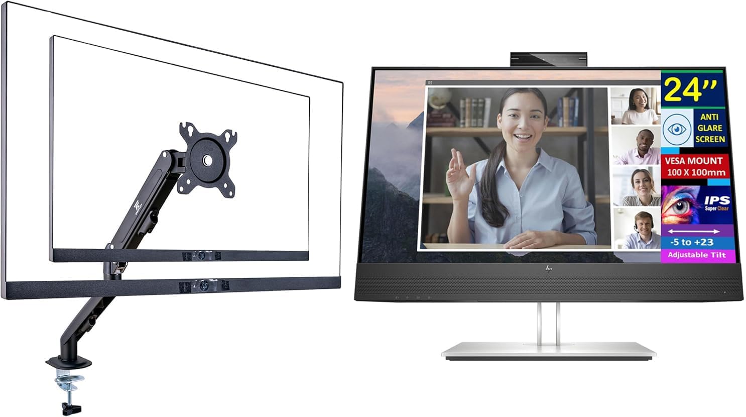 HP E24mv G4 24" FHD IPS Monitor with 5ms Response Time, Anti Glare, Flicker Free, Built-in Speakers, Displayport, HDMI & Dockztorm Hub, Black/Silver (169L0AA#ABA) & Ergoflexy Single Mount Arm