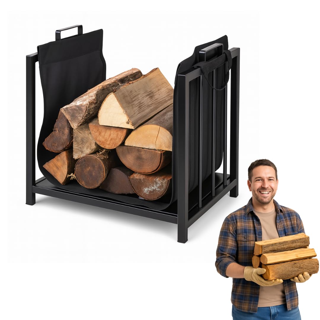 Kaminholzregal Innen - Schwarz 50,5 x 50 x 37 cm - Korb für Kaminholz -Metal Brennholzregal Außen - Kaminholz Aufbewahrung Innen - Holzlager außen Wetterfest -Holzstapelhilfe