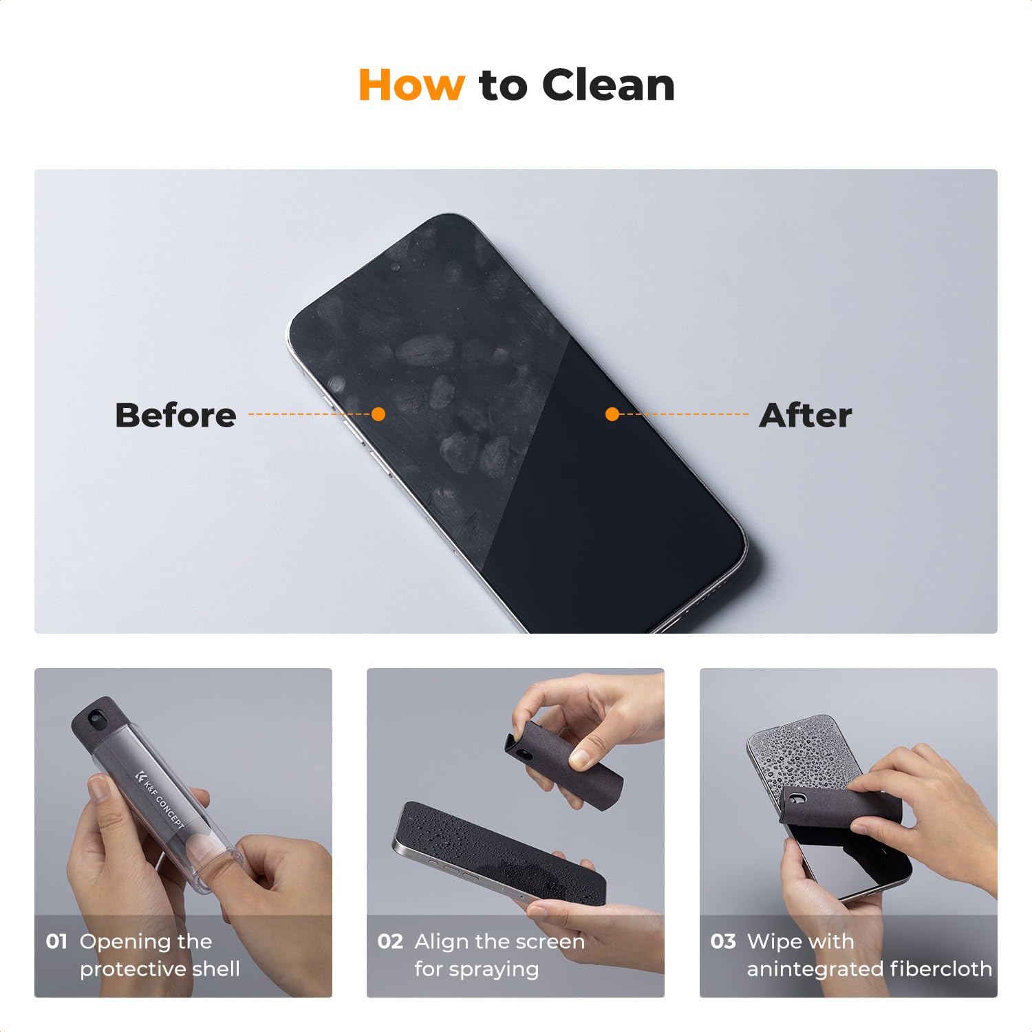 K&F Concept 2-częściowy zestaw do czyszczenia ekranu, do telewizora, laptopa, komputera, telefonu komórkowego, tabletu i czyszczenia wyświetlacza samochodowego, spray dwa w jednym i ściereczka z